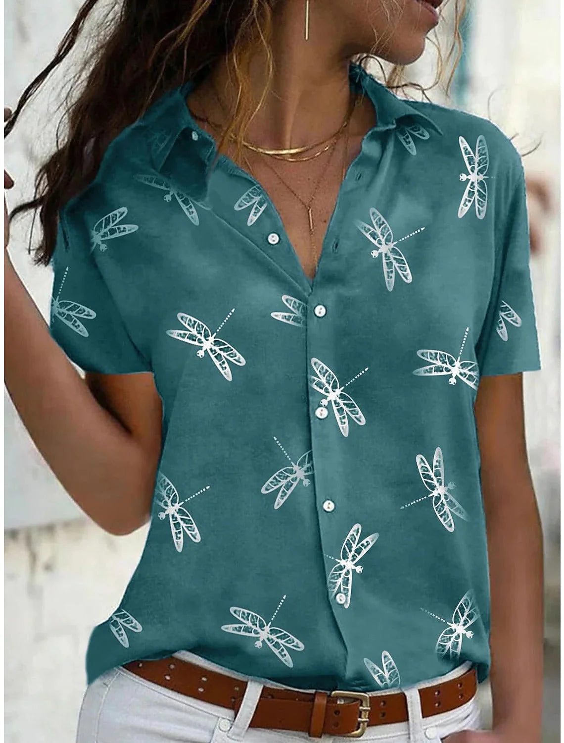 Women'S Dragonfly Print Short Sleeve Button-Down Shirt Top