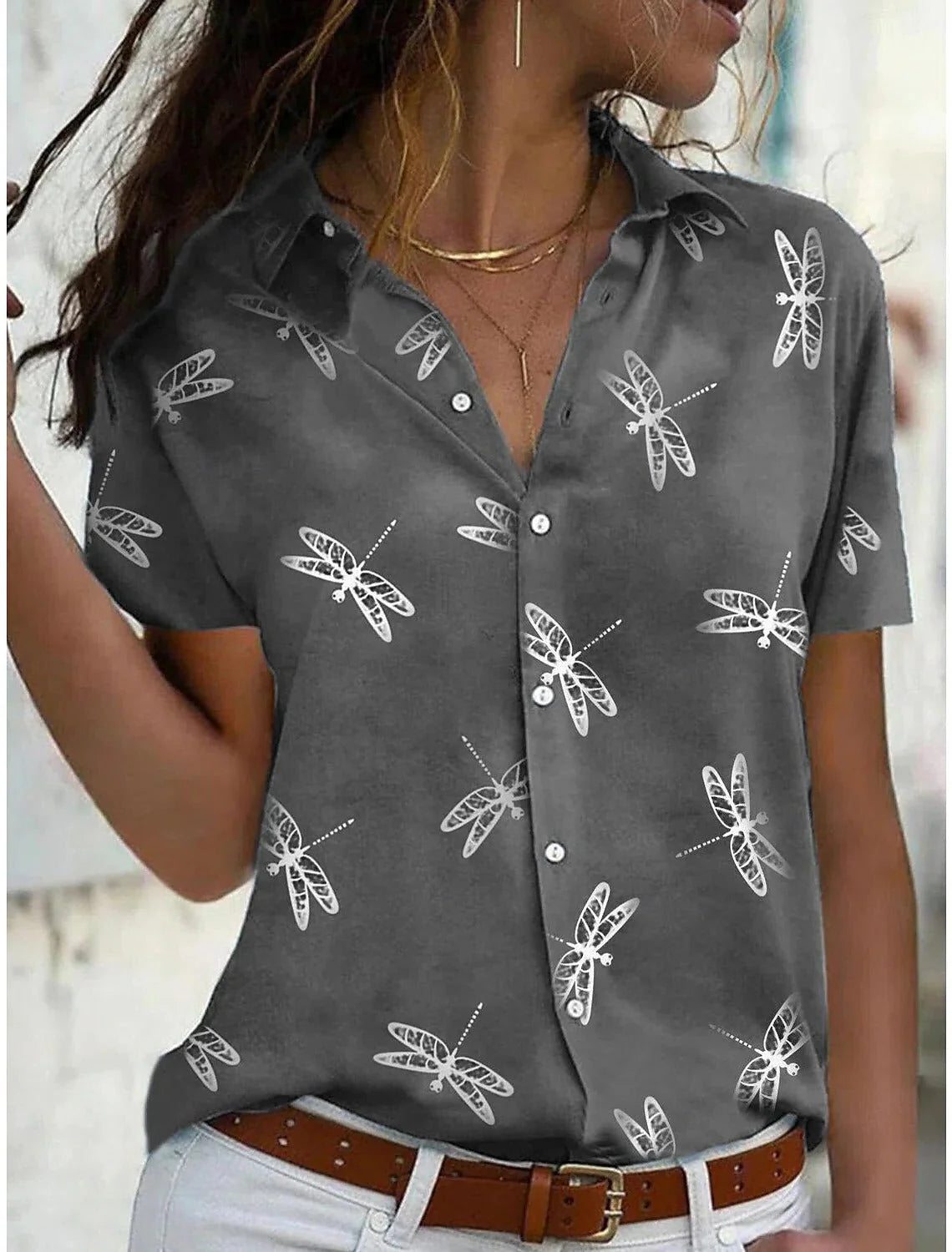 Women'S Dragonfly Print Short Sleeve Button-Down Shirt Top
