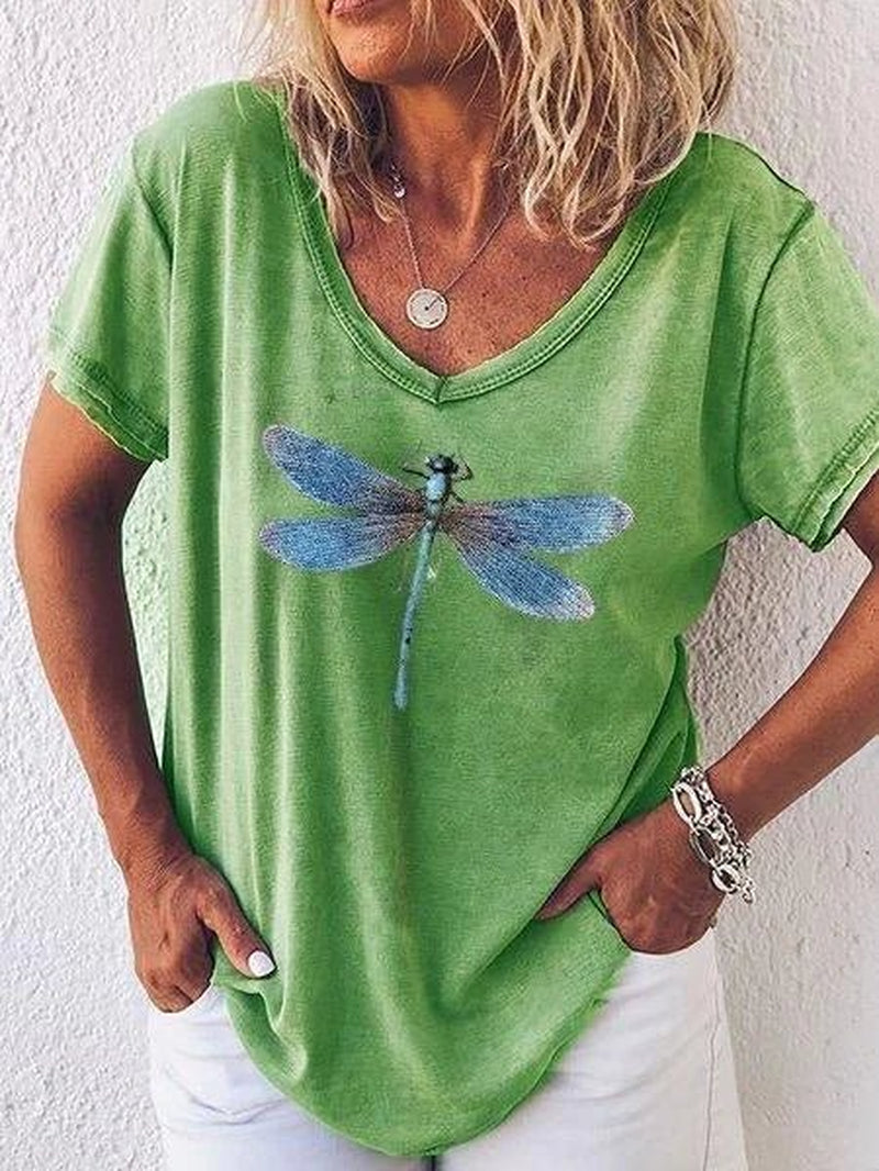 Women'S Dragonfly Print V-Neck Short Sleeve Casual Tee