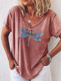 Women'S Dragonfly Print V-Neck Short Sleeve Casual Tee