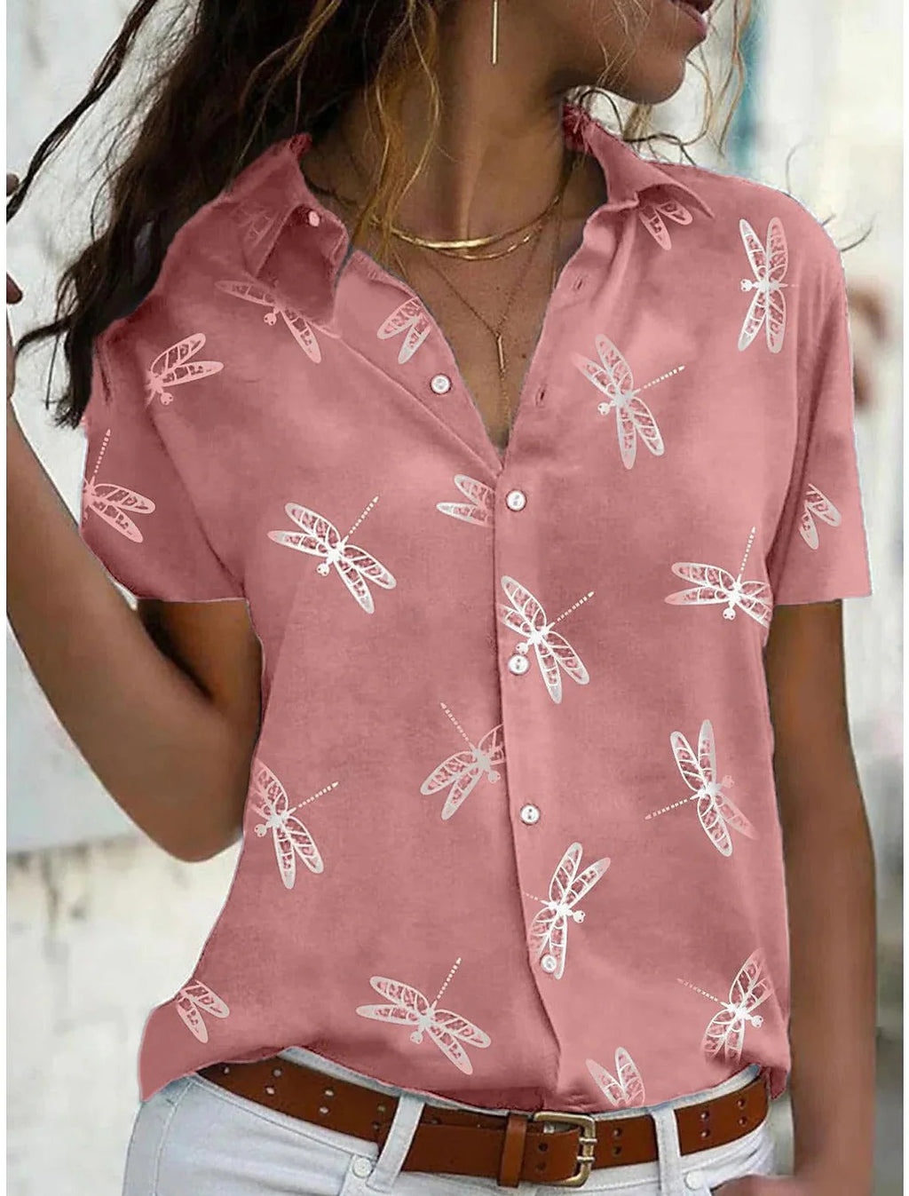 Women'S Dragonfly Print Short Sleeve Button-Down Shirt Top