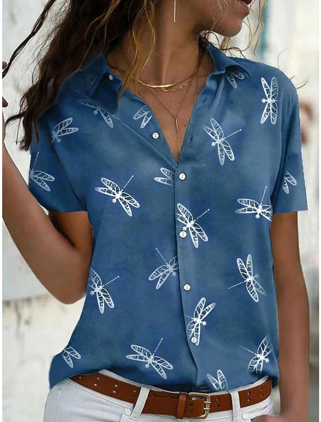 Women'S Dragonfly Print Short Sleeve Button-Down Shirt Top